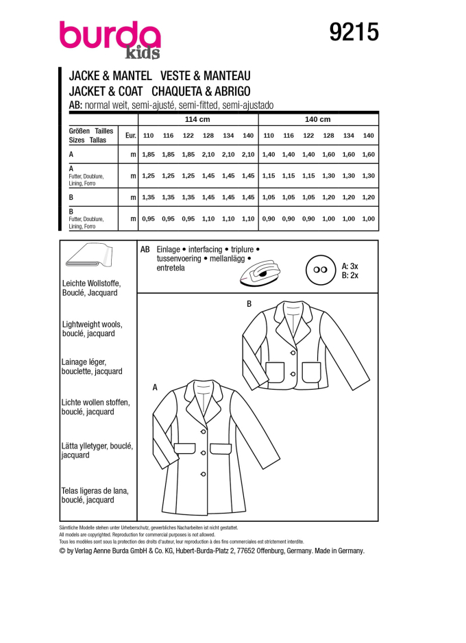 Pattern Coat & Jacket Kids Burda 9215, En/Ger/Fr