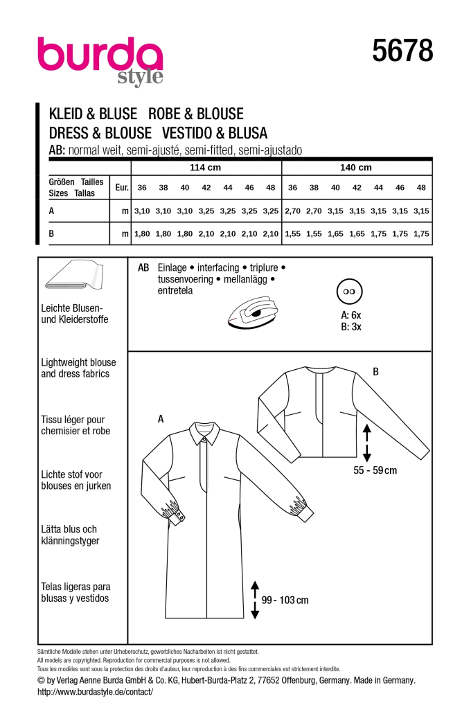 Naaipatroon Jurk en Blouse, Burda 5678, Nl/Dui/En/Fr