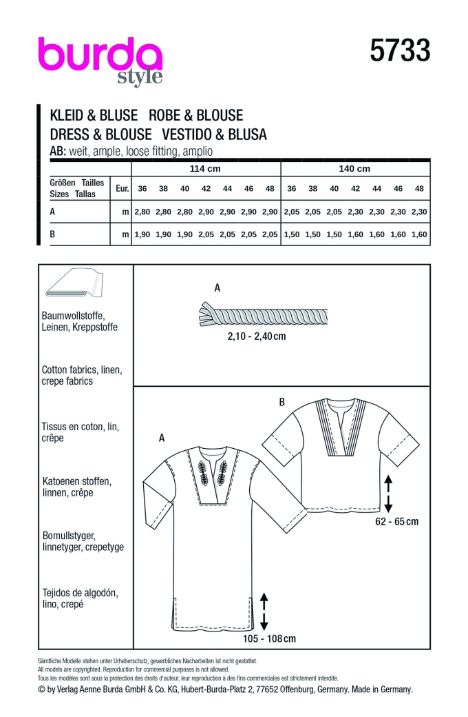 Sewing pattern Dress & Blouse Burda 5733, En/Ger/Fr