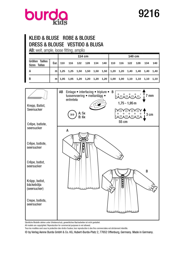 Naaipatroon Jurk & Blouse Meisje, Burda 9216, Nl/DE/En/Fr