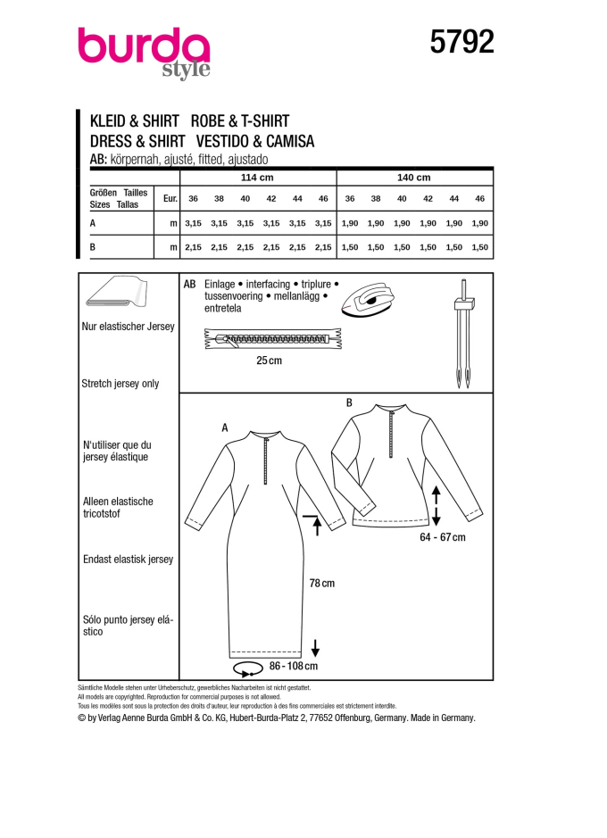 Naaipatroon Jurk & Shirt Dames, Burda 5792, NL/GB/DE/FR