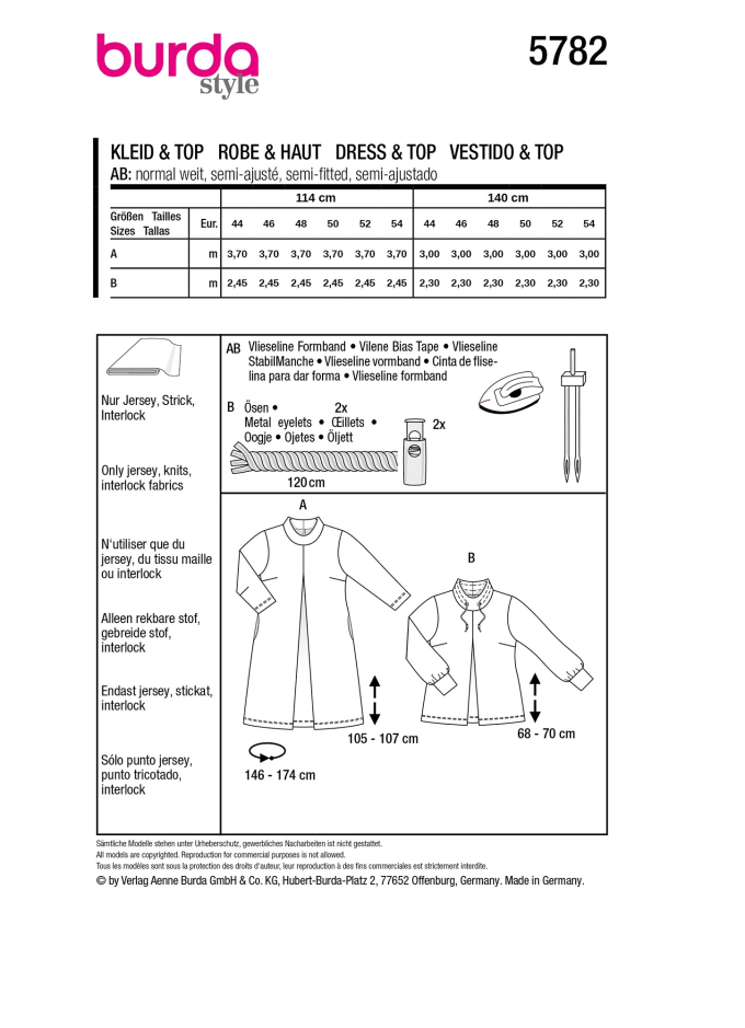 Patron Burda 5782 robe / blouse femme, version papier, en français