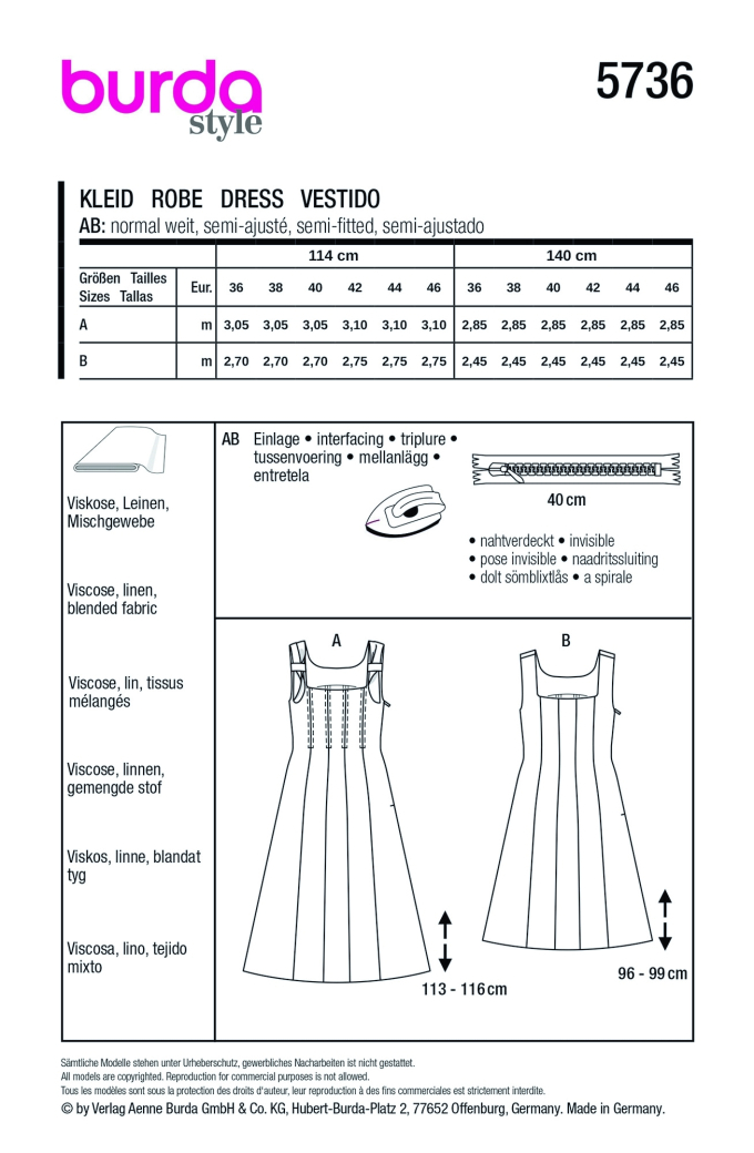 Sewing pattern Burda 5736 Dress, En/Ger/Fr