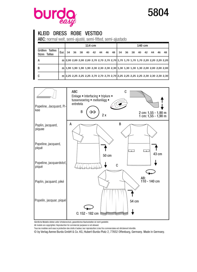 Patron Burda 5804 robe femme, version papier, en français