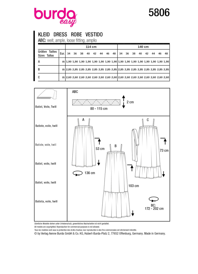 Patron Burda 5806 robe femme, version papier, en français