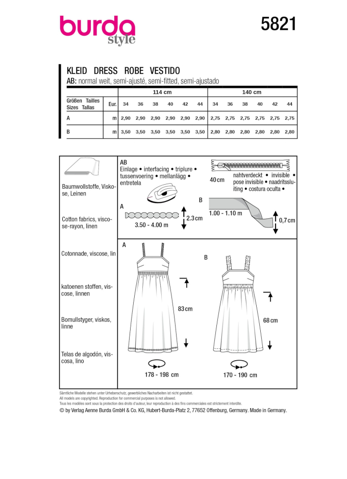 Patron Burda 5821 robe femme, version papier, en français