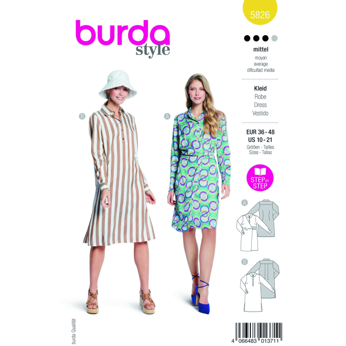 Naaipatroon jurk, Burda 5826, Nl/Dui/En/Fr