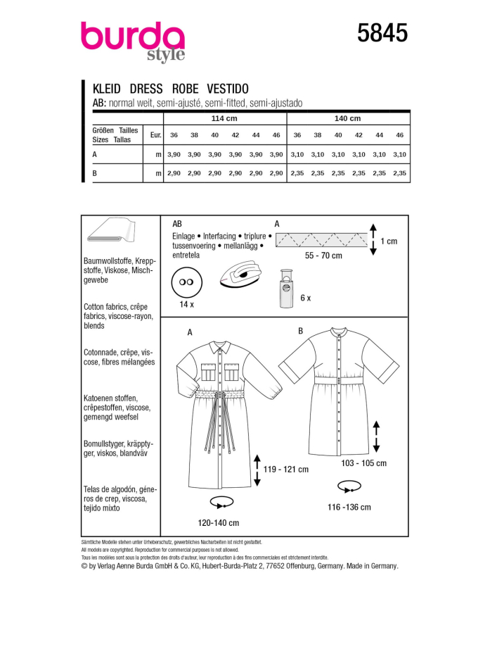 Naaipatroon jurk, Burda 5845, Nl/Dui/En/Fr