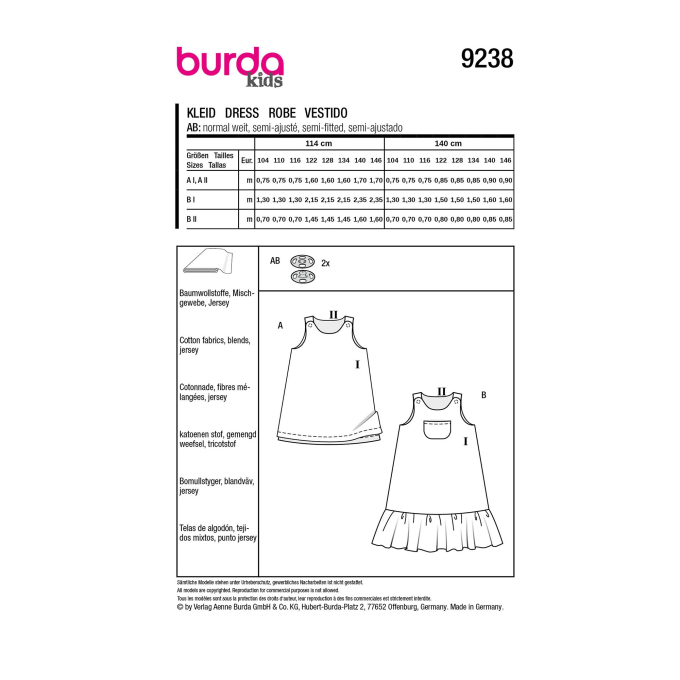 Patron Burda Kids 9238 robe enfant, taille 110-140, en français