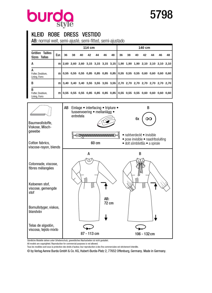 Naaipatroon Jurk Dames Burda 5798, Nl/Dui/En/Fr