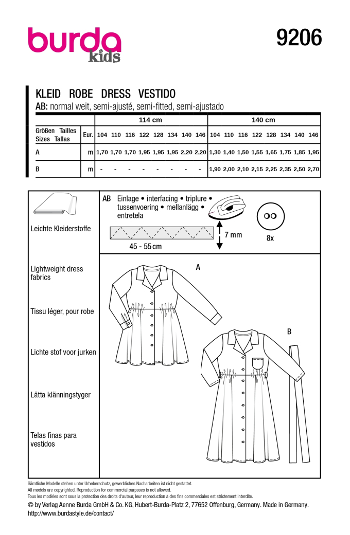 Schnittmuster Kleid Kids, Burda 9206