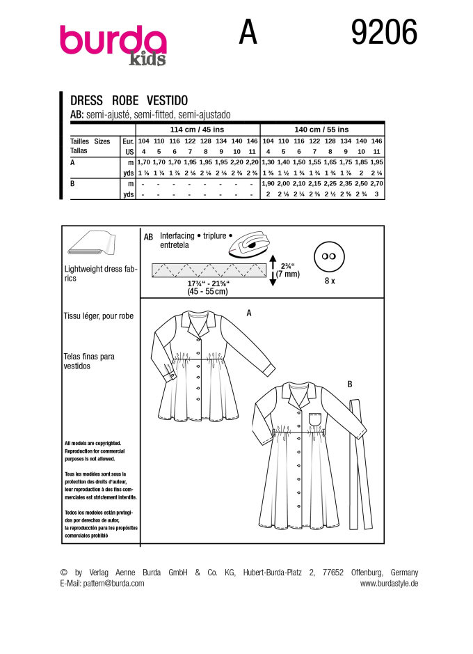 Schnittmuster Kleid Kids, Burda 9206