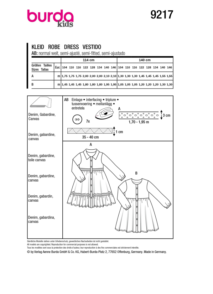 Patron Burda 9217 robe enfant, version papier, en français
