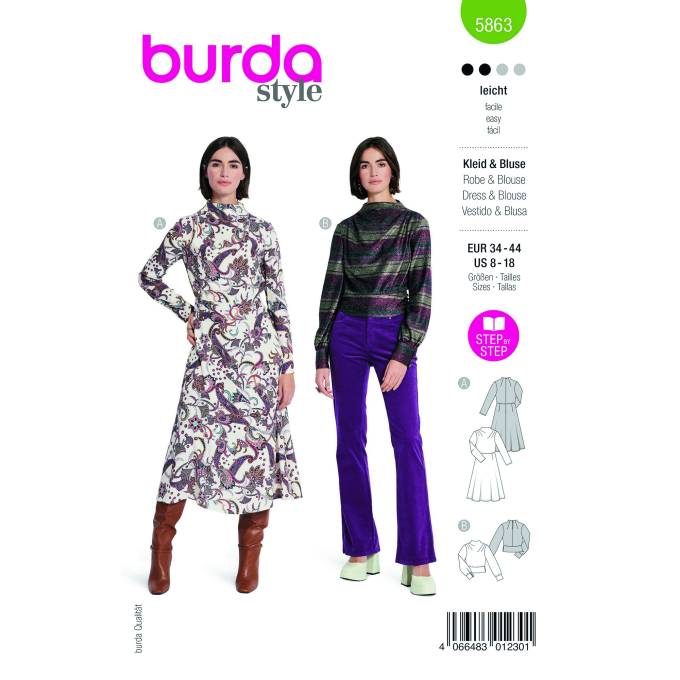 Naaipatroon jurk en blouse, Burda 5863, Nl/Dui/En/Fr