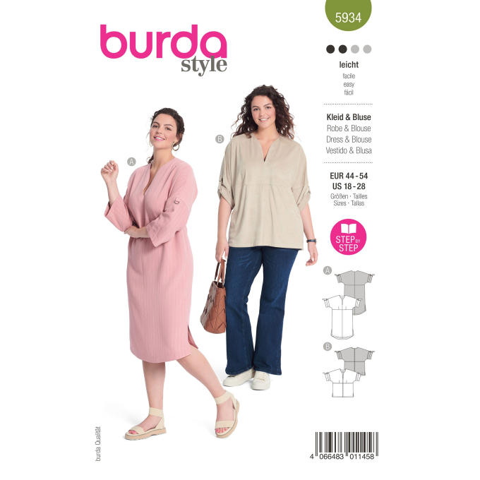 Naaipatroon jurk en blouse, Burda 5934, Nl/Dui/En/Fr
