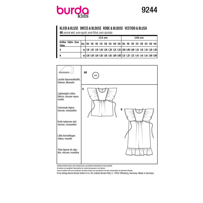 Naaipatroon jurk en blouse , Burda Kids 9244, NL/Dui/En/Fr