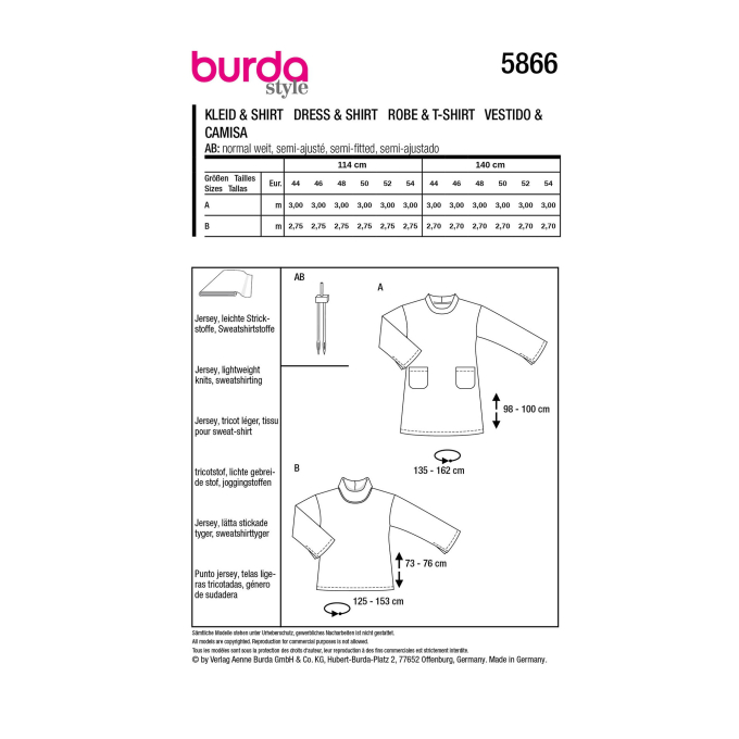 Naaipatroon jurk en shirt, Burda 5866, Nl/Dui/En/Fr