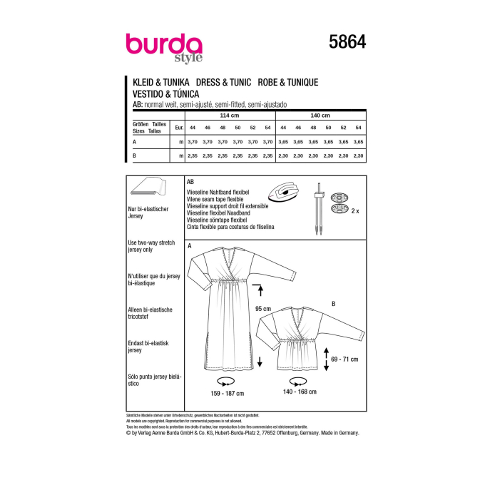 Naaipatroon jurk en tuniek, Burda 5864, Nl/Dui/En/Fr