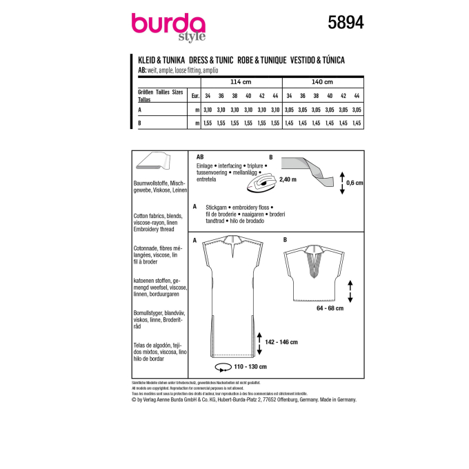 Naaipatroon jurk en tuniek, Burda 5889, Nl/Dui/En/Fr