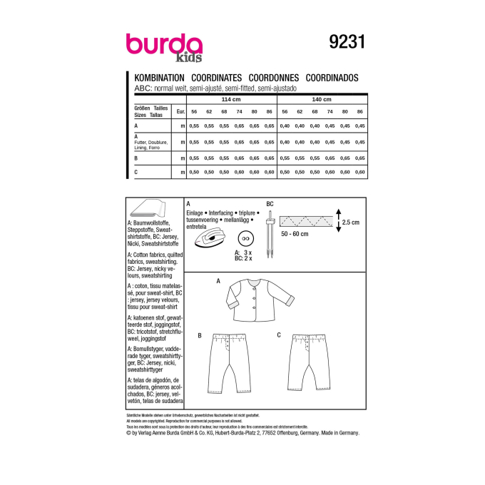 Patron Burda Kids 9231 pantalon enfant, taille 56-98, en français