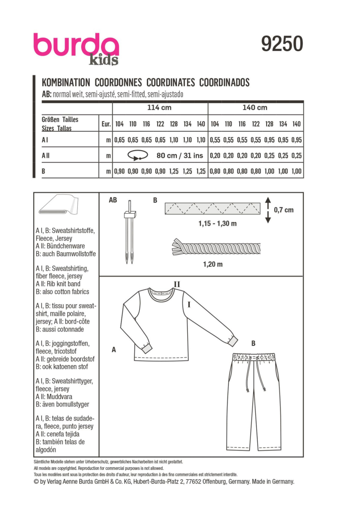 Patron Burda Kids 9250 pyjama enfant, taille 104-140, en français