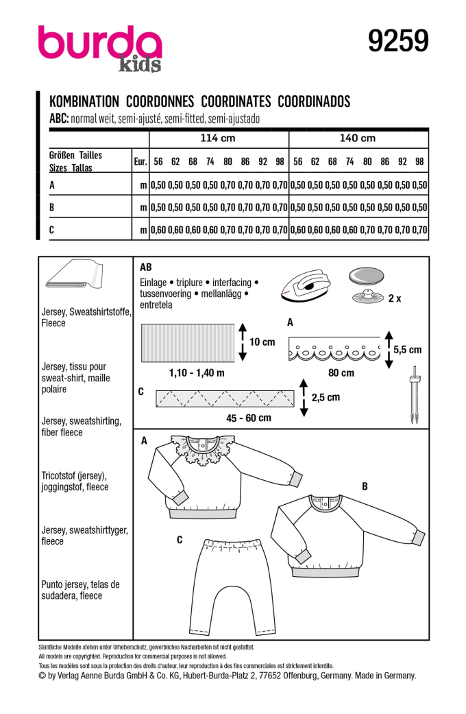 Patron Burda 9259 sweat et pantalon enfant, taille 56-98, en français