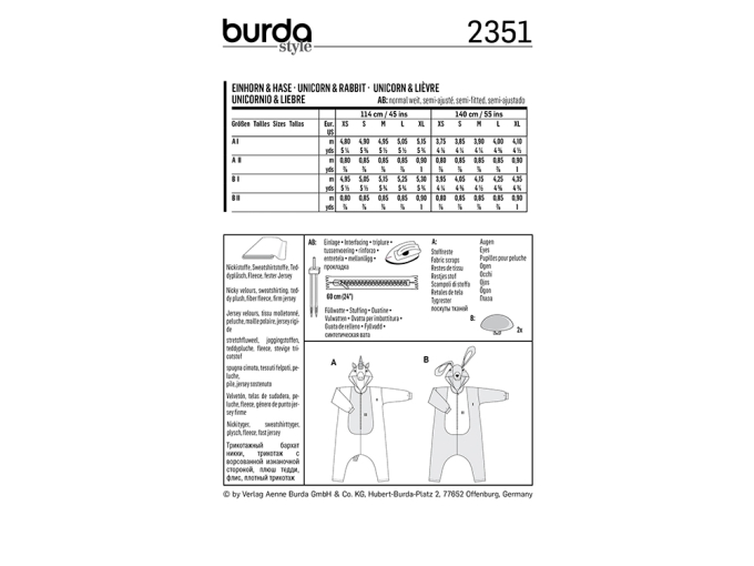 Naaipatroon Burda 2351, kostuum: eenhoorn en konijn, NL/Dui/En/Fr