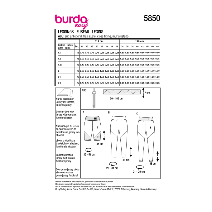 Patron Burda 5850 leggings femme, taille 34-48, en français