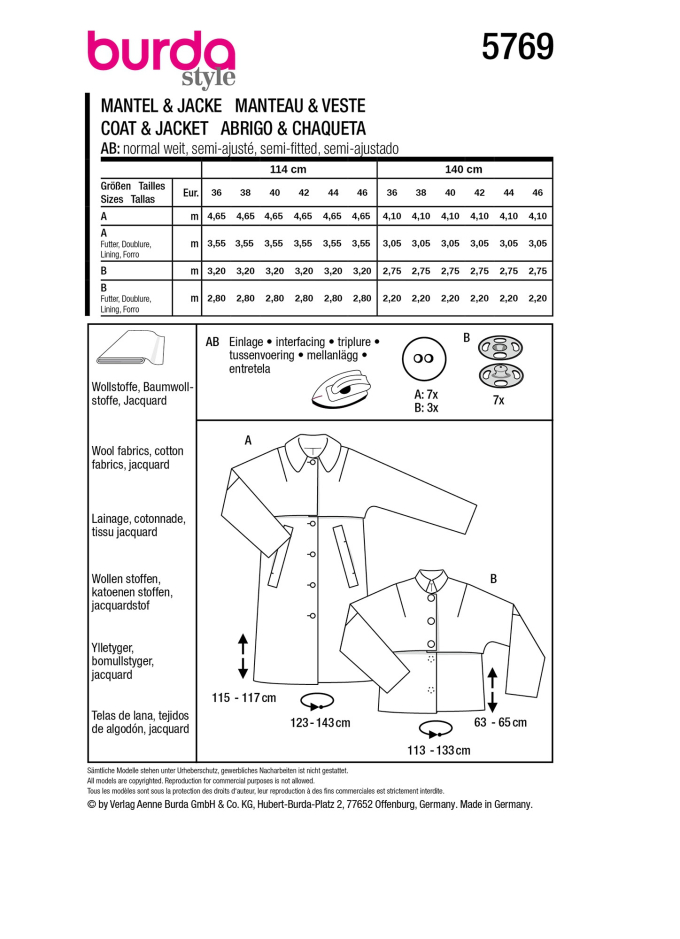 Naaipatroon Mantel & Jas Dames Burda 5769, Nl/Dui/En/Fr