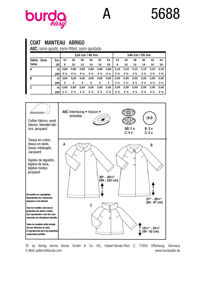 Naaipatroon Jas, Burda 5688, Nl/Dui/En/Fr