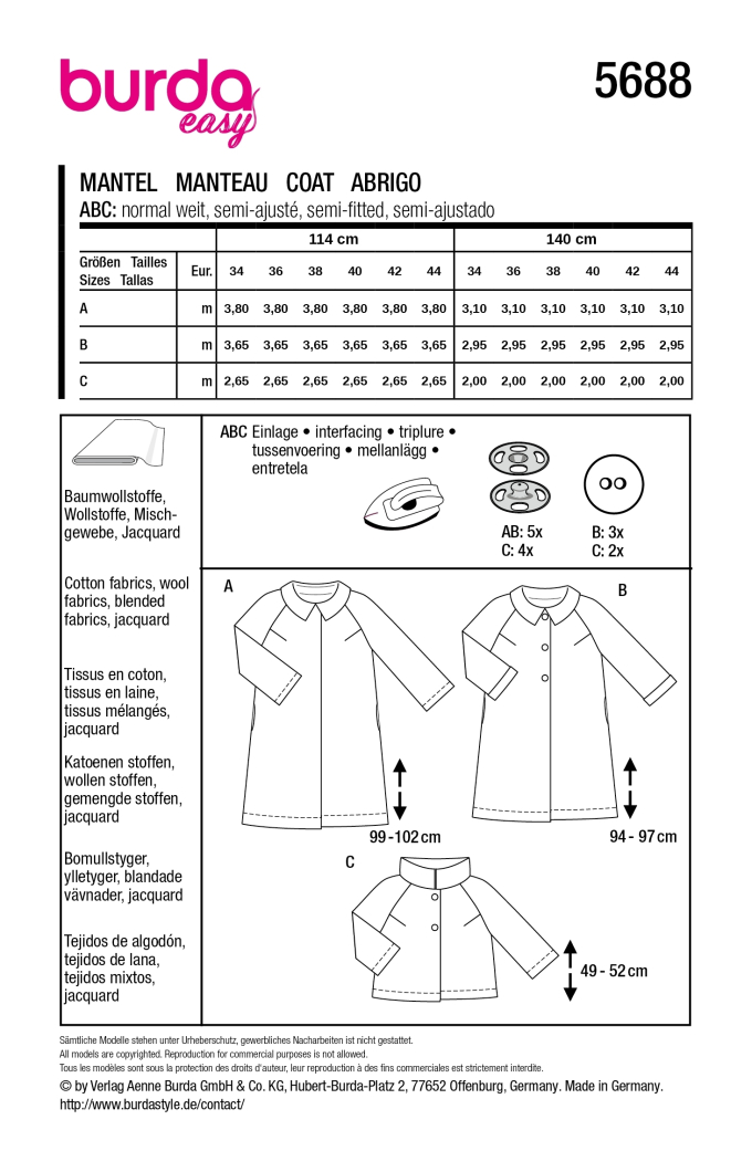 Naaipatroon Jas, Burda 5688, Nl/Dui/En/Fr
