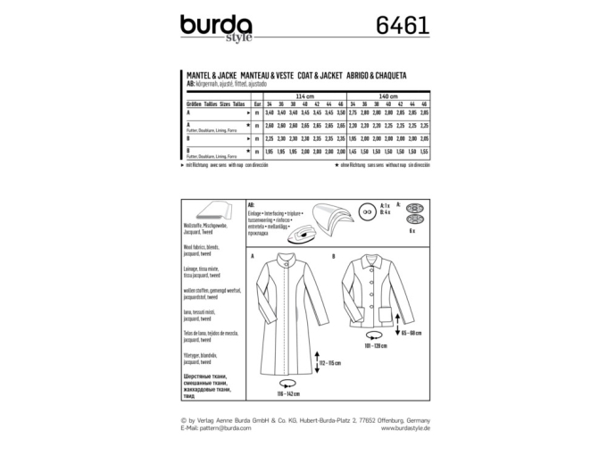 Naaipatroon mantel en jas, Burda 6461, Dui/En/Fr