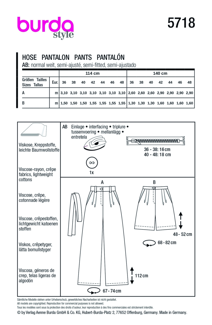 Naaipatroon Burda 5718, Broek, Nl/Dui/En/Fr