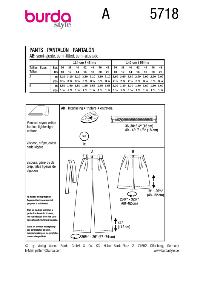 Naaipatroon Burda 5718, Broek, Nl/Dui/En/Fr