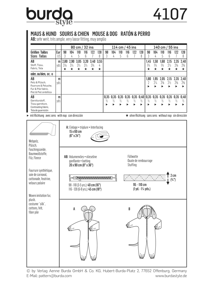 Patron Burda 4107 Combinaison Souris et chien, en français