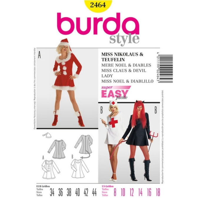 Patron Burda 2464 Déguisement Mère Noël, Diablesse, Infirmière, en français