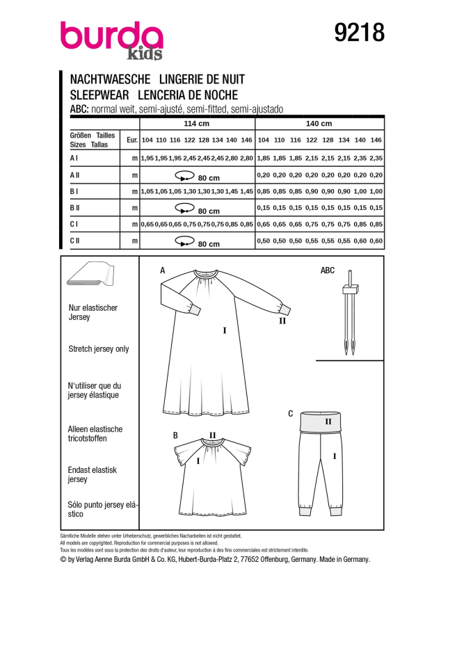 Patron Burda 9218 chemise de nuit / pyjama enfant, version papier, en français