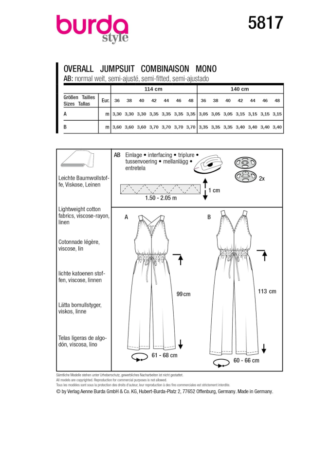 Naaipatroon jumpsuit, Burda 5817, Nl/Dui/En/Fr