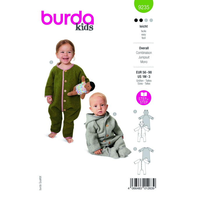 Patron Burda 9235 combinaison bébé, taille 56-98, en français