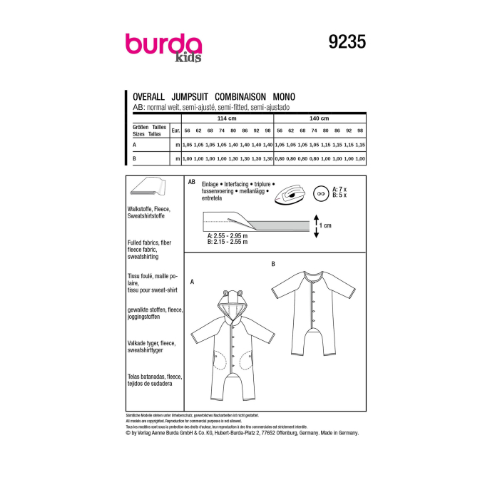 Patron Burda 9235 combinaison bébé, taille 56-98, en français