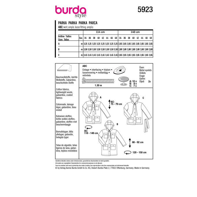 Naaipatroon parka, Burda 5923, Nl/Dui/En/Fr