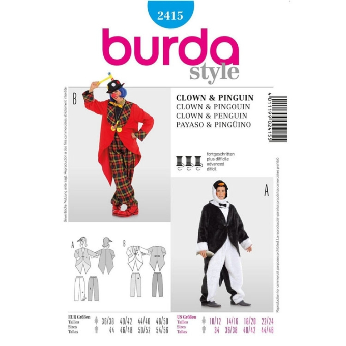 Patron Burda 2415 Déguisement Clown & Pingouin Adulte, en français