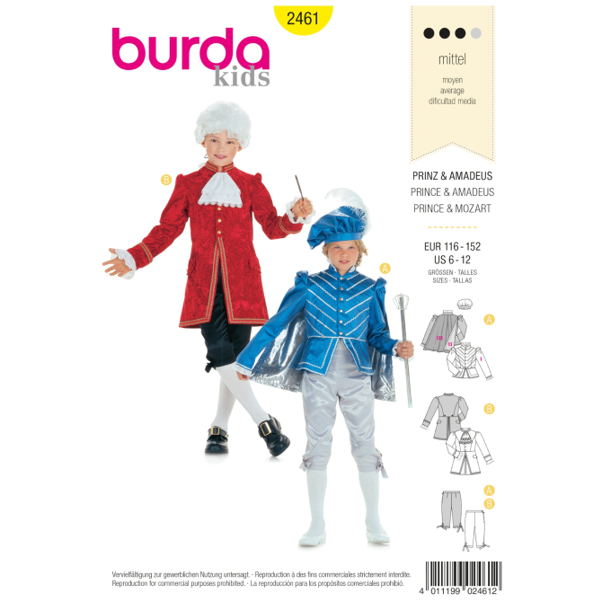Patron Burda 2461 Déguisement Prince et Mozart, en français