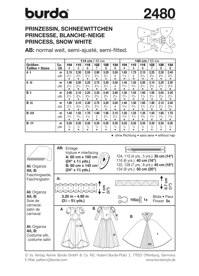 Paper patterns Princess and Snow white, Burda 2480, Dui/En/Fr