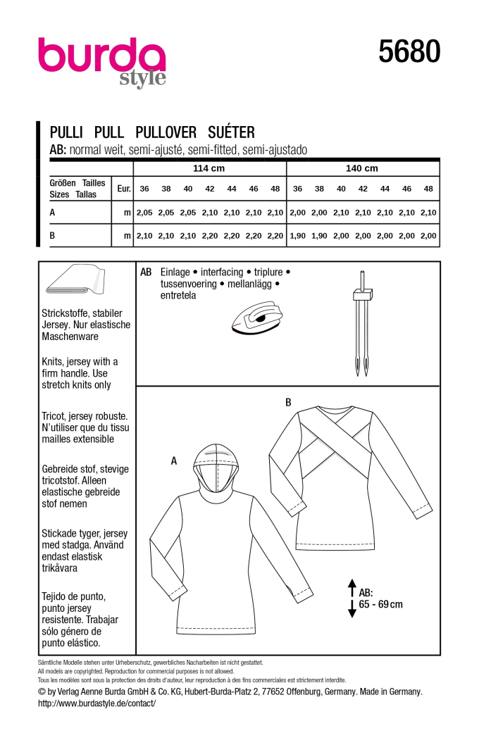 Naaipatroon pullover, Burda 5680, Nl/Dui/En/Fr