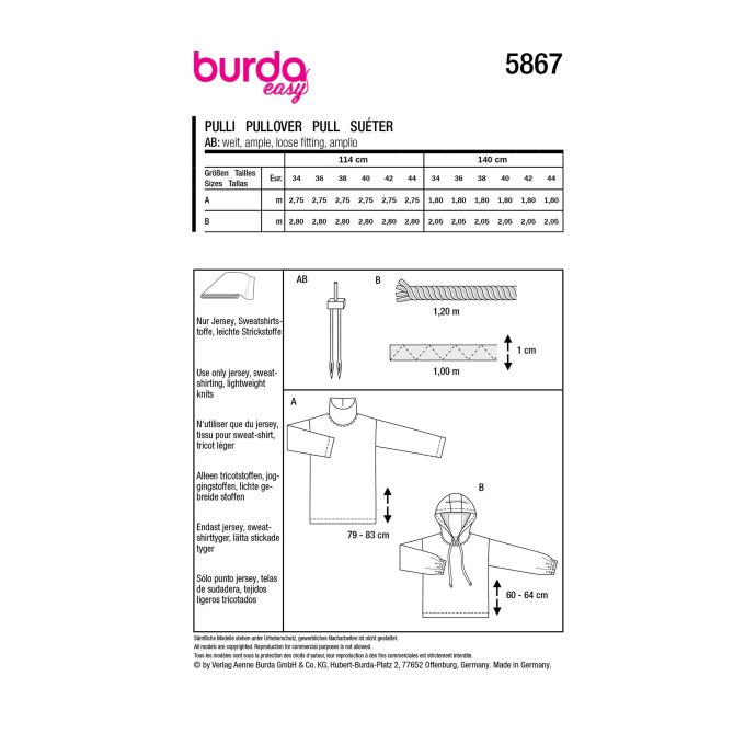 Naaipatroon pullover, Burda 5867, Nl/Dui/En/Fr