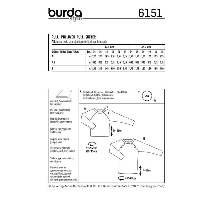 Naaipatroon Burda 6151, trui, Dui/En/Fr