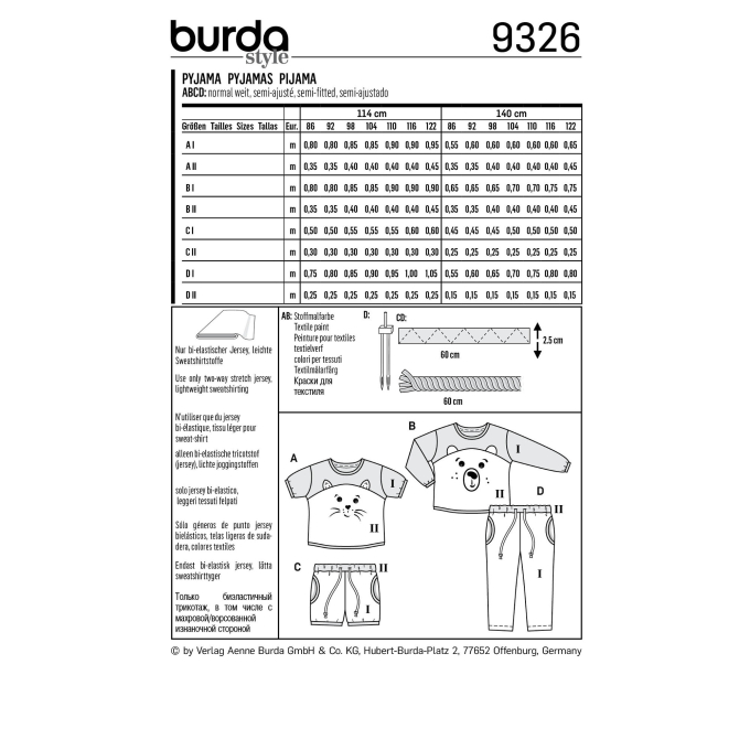 Naaipatroon Burda Pyjama, Burda 9326, Dui/En/Fr