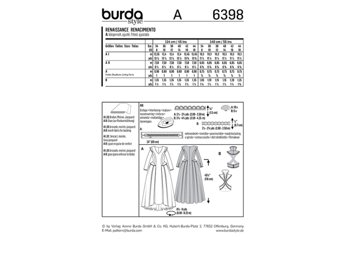 Sewing pattern Burda 6398, renaissance dress, En/Ger/Fr