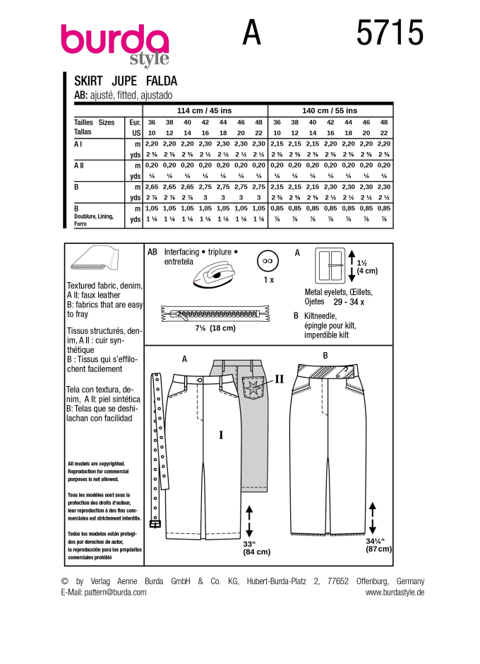 Schnittmuster Rock, Burda 5715
